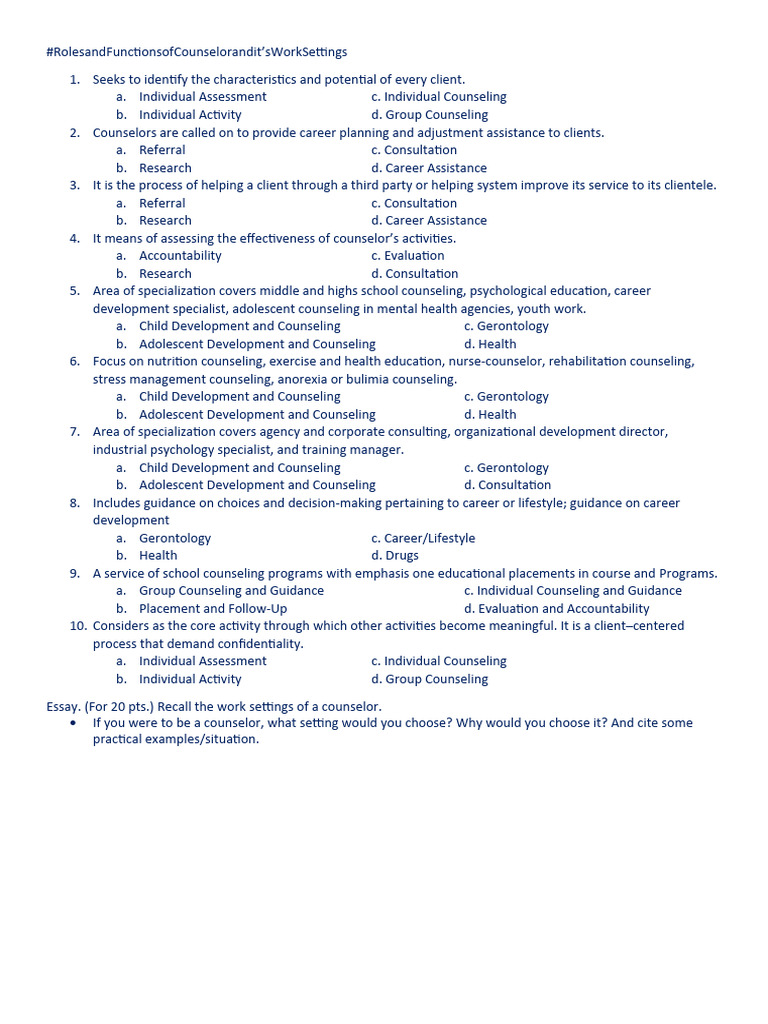 Quiz Roles and Functions of Counselor and It | PDF | Counseling ...