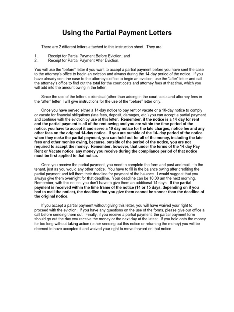 Partial Payment Letters for Eviction | PDF | Fee | Payments
