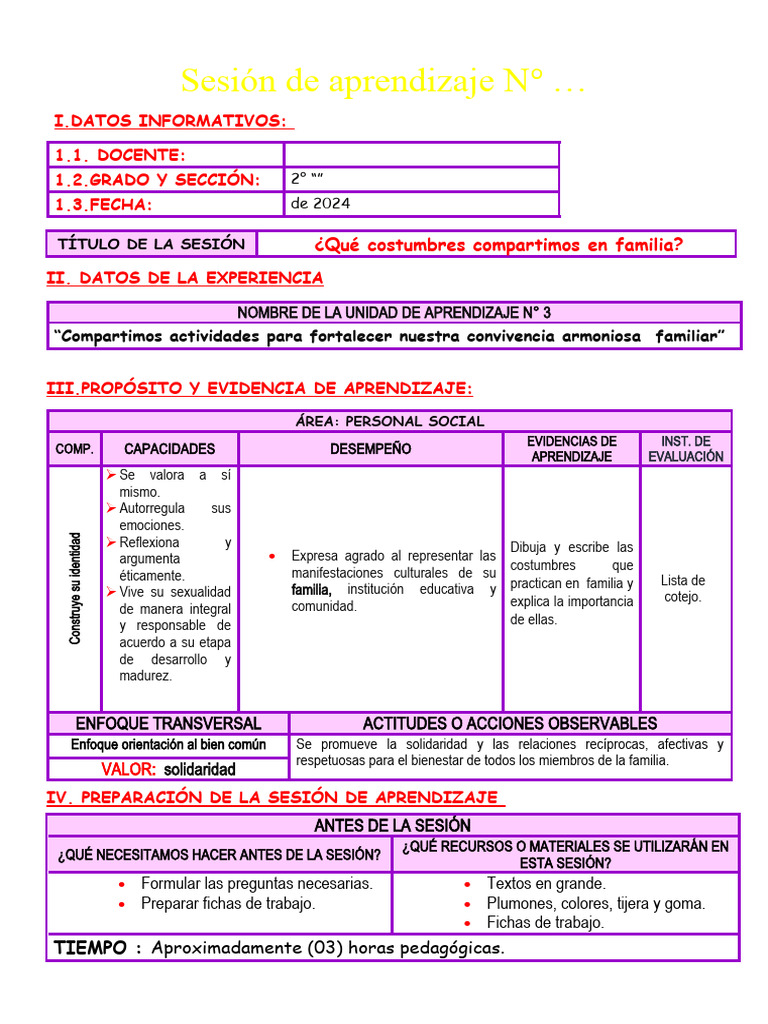 Sesion Que Costumbres Compartimos en Familia 2°grado - 2024 | PDF ...