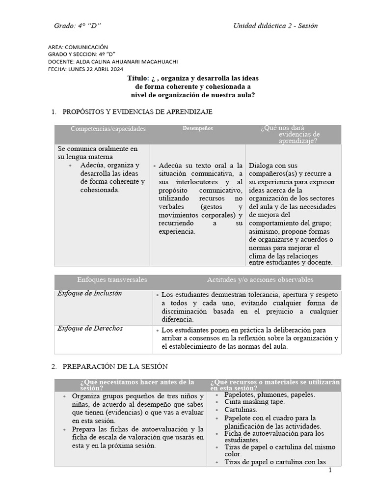 Organización del Aula en 4° “D” | PDF | Salón de clases | Aprendizaje