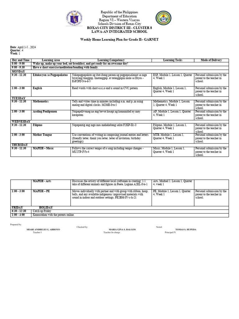 Grade II Weekly Learning Plan: April 2024 | PDF | Philippines