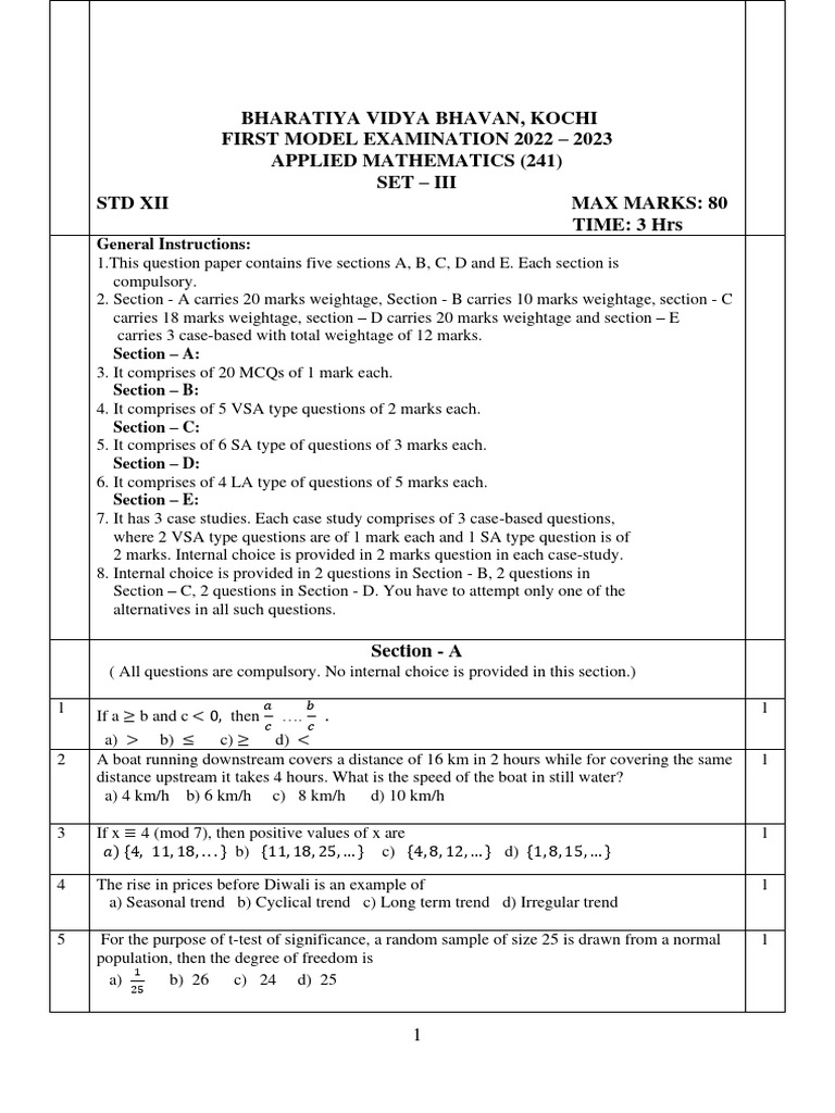 Xii applied maths set iii pdf science observation