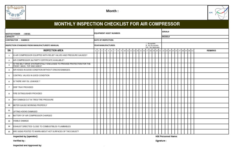 Monthly Air Compressor Inspection Checklist | PDF | Mechanical ...