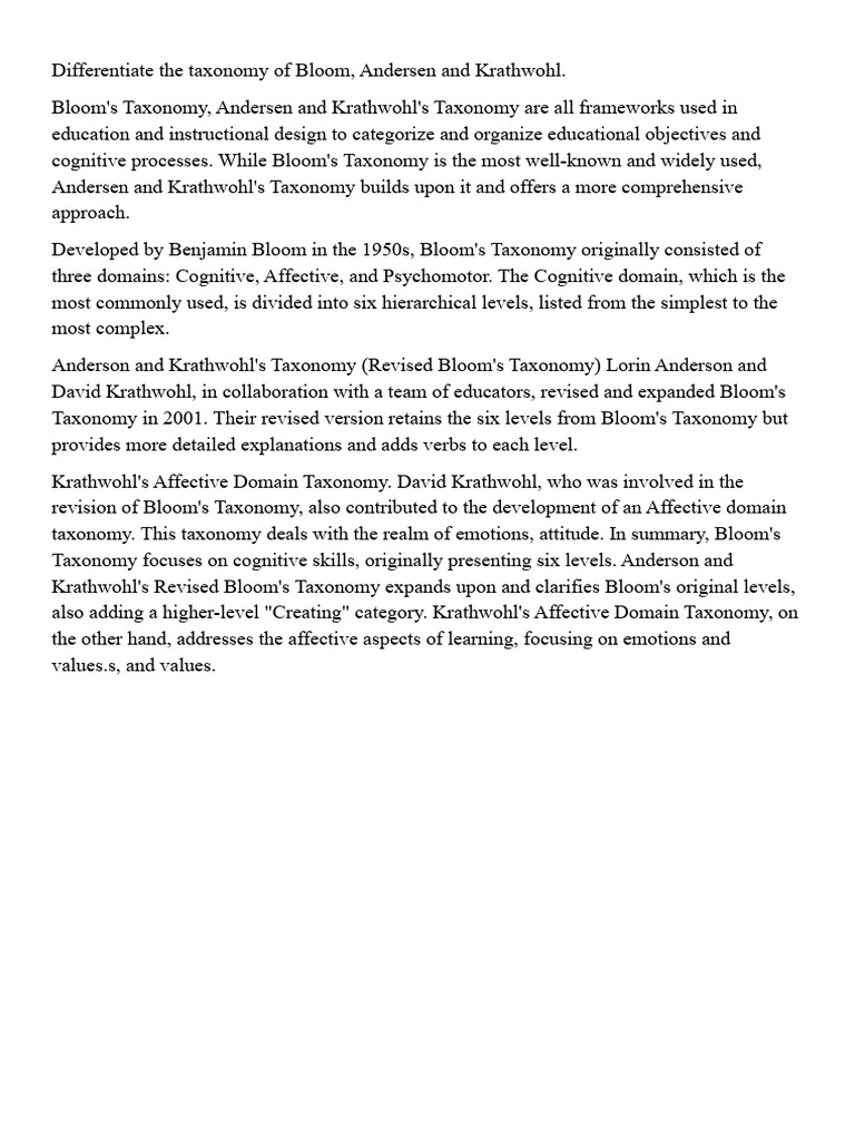 Bloom vs. Andersen & Krathwohl Taxonomies | PDF