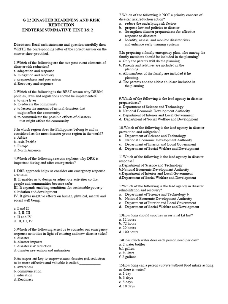 Disaster Readiness & Risk Reduction Test | PDF | Emergency Management ...