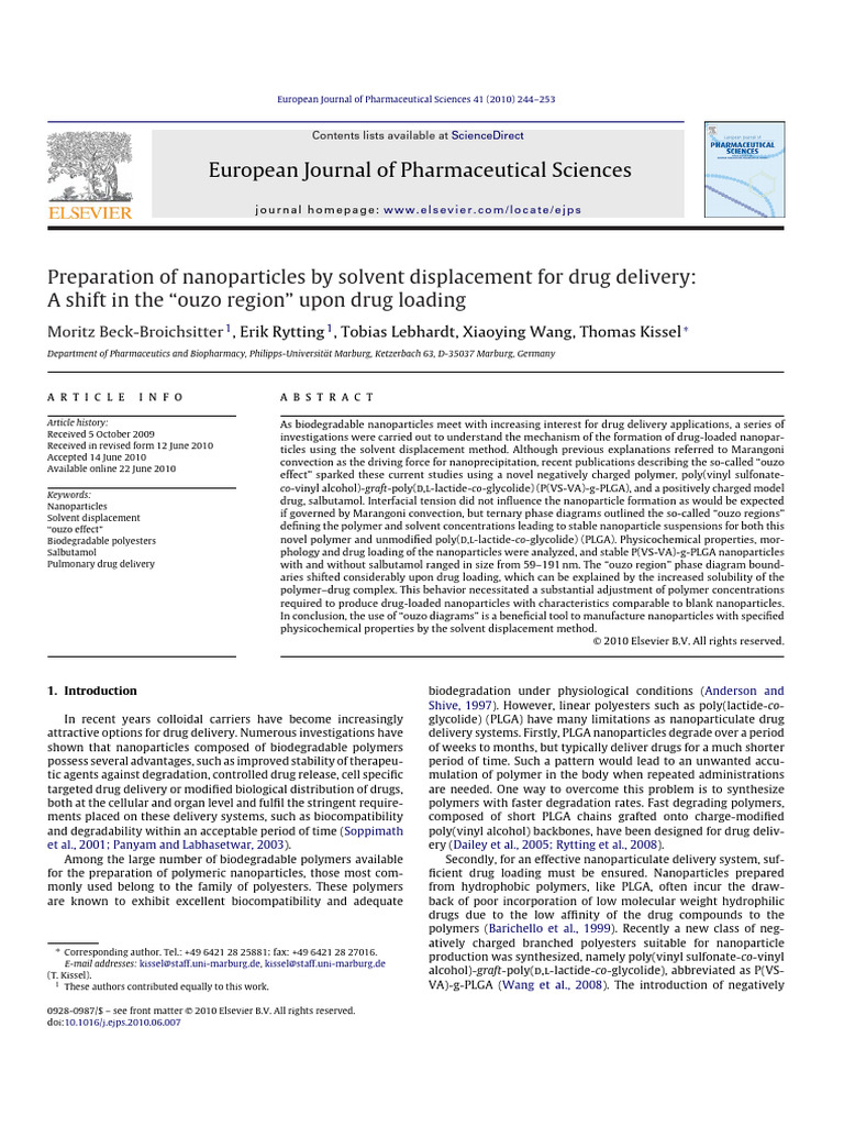 Preparation of nanoparticles by solvent displacement for drug delivery ...
