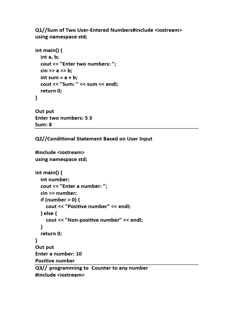 C++ User Input Programs Guide | PDF | Namespace | Mathematics