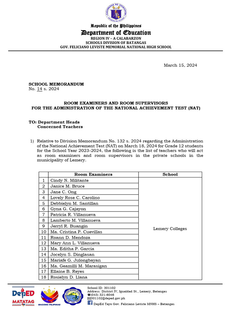 NAT Room Examiners & Supervisors Memo | PDF
