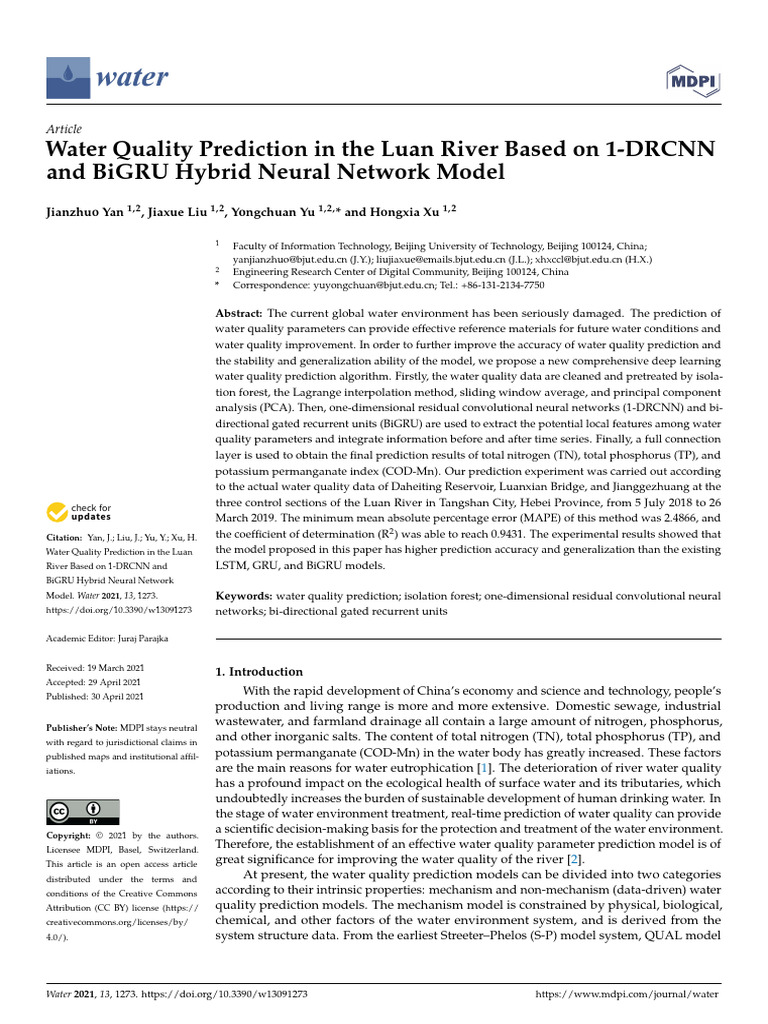 Water Quality Prediction in The Luan River Based On 1-DRCNN and BiGRU ...