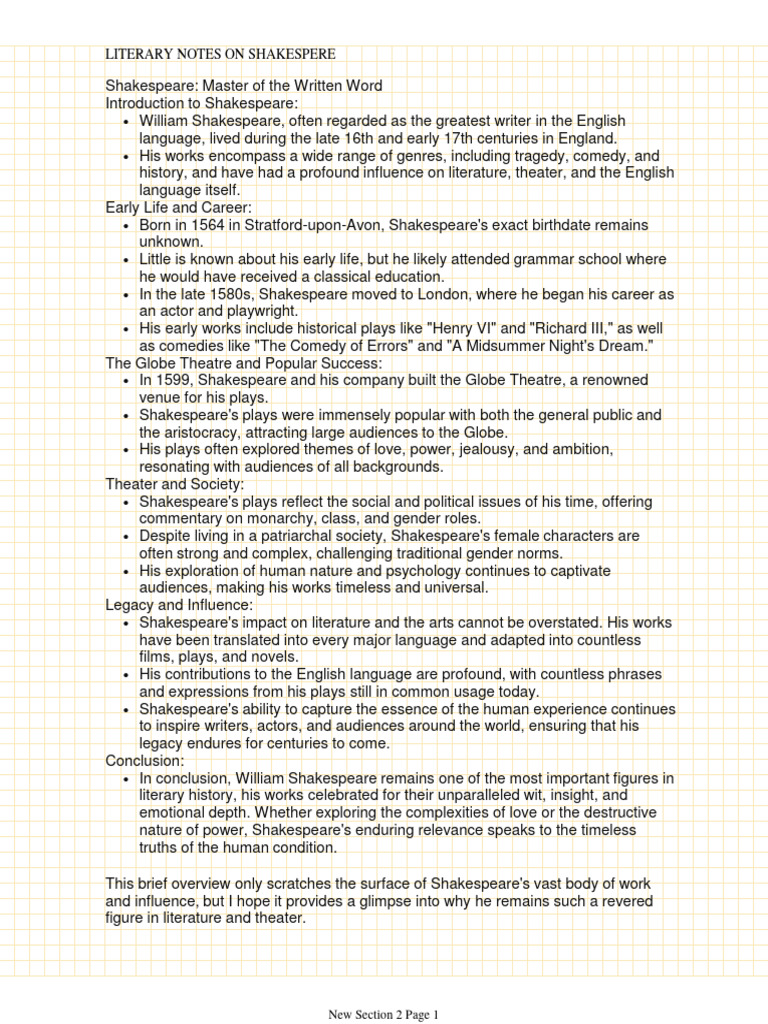 Literary Notes On Shakespere | PDF | William Shakespeare | Play (Theatre)