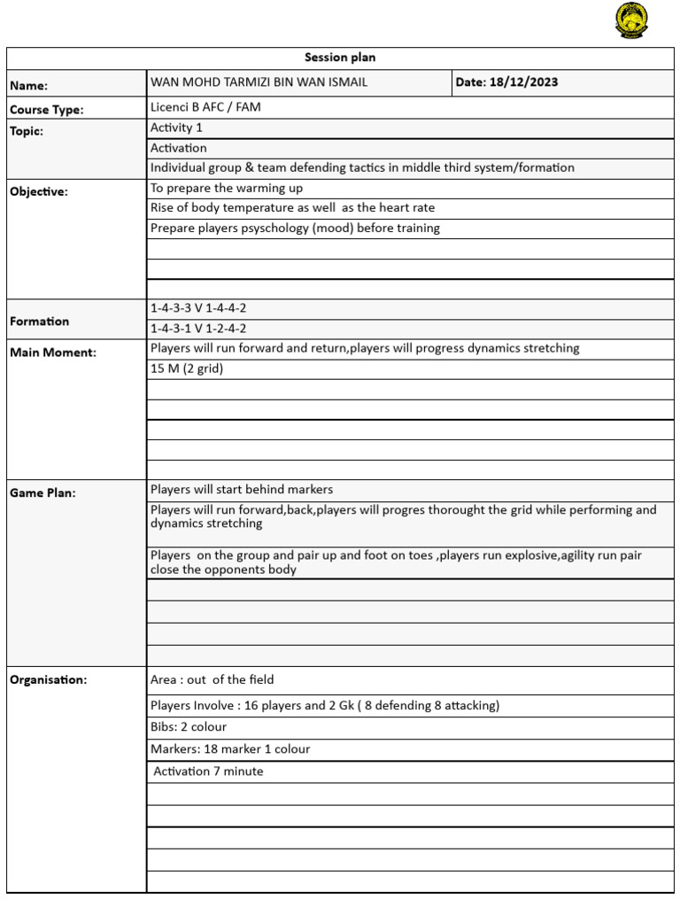 Middle Third Defending Tactics Session Plan | PDF | Sports