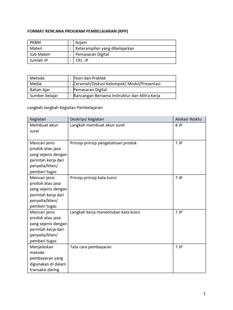 RPP Pemasaran Digital PKBM Azjam | PDF