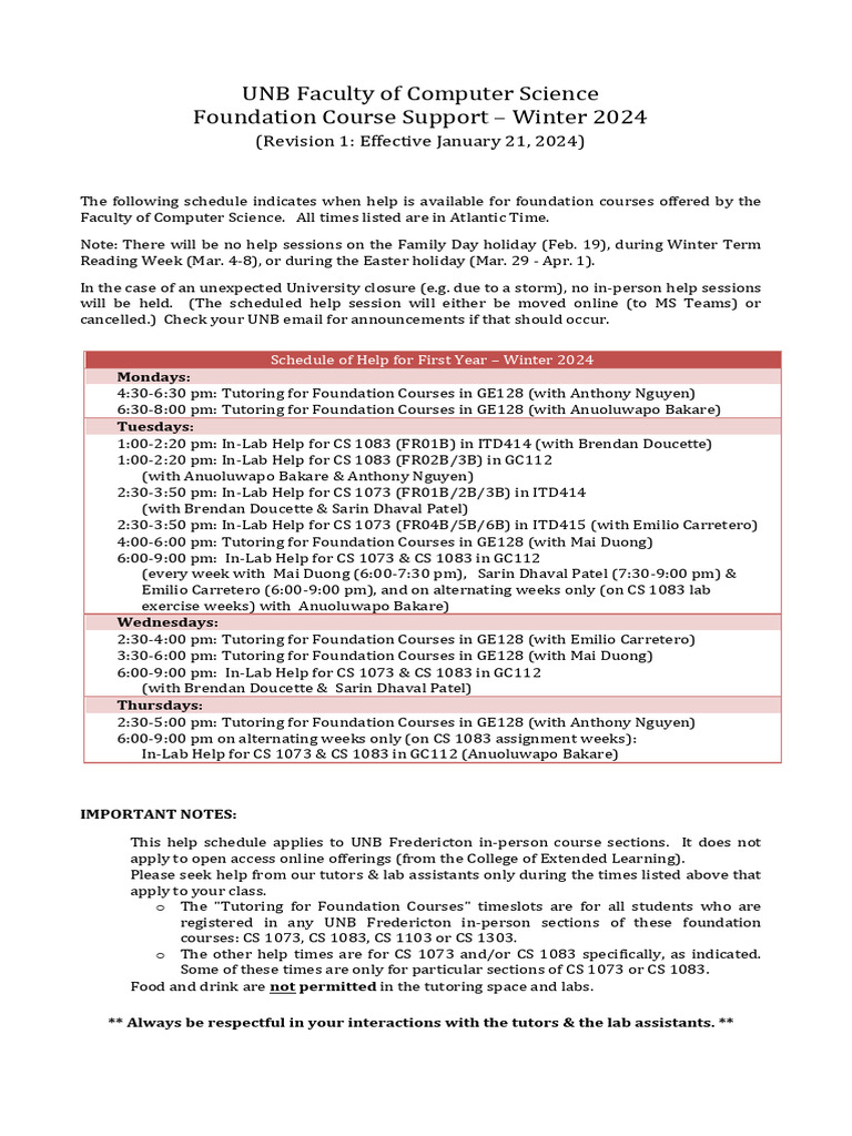 UNB Computer Science Help Schedule 2024 | PDF | Sports & Recreation ...