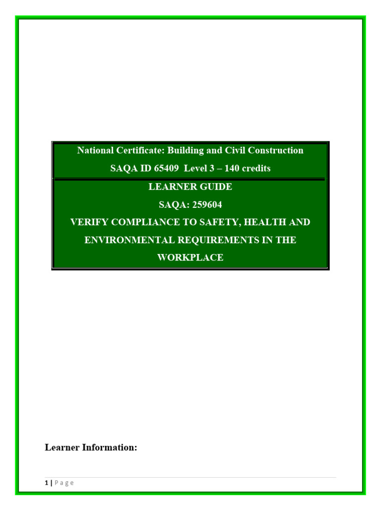Learner Guide Pdf Occupational Safety And Health Personal