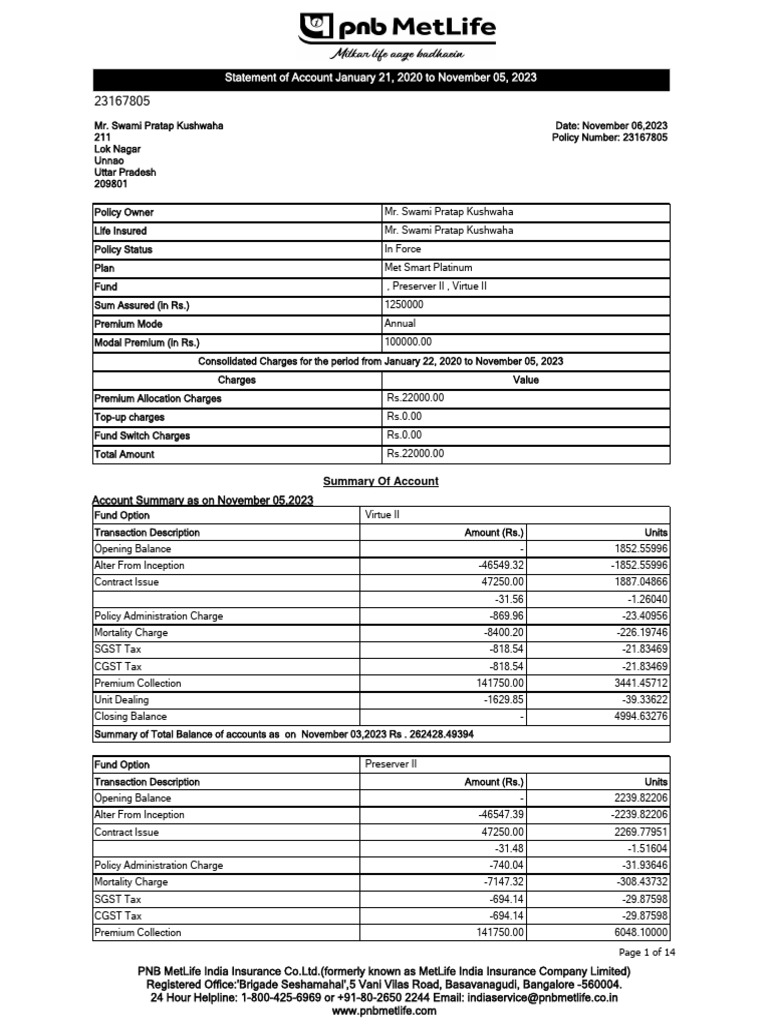 Account Statement | PDF | Met Life | Insurance