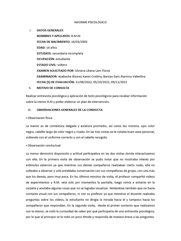 Informe Psicológico de Adolescente R.M. | PDF | Las emociones | Sicología