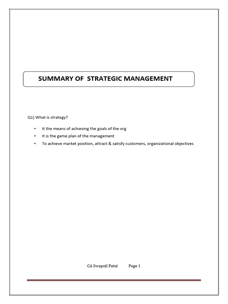 SM Summary Notes | PDF | Strategic Management | Marketing