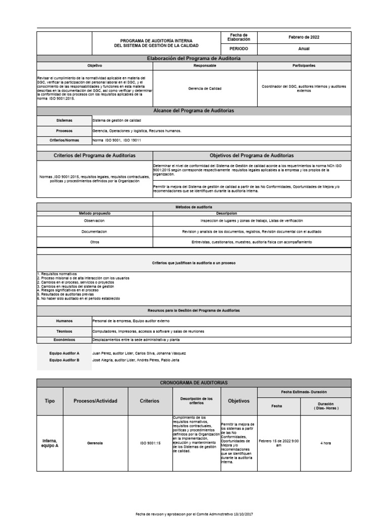 Programa de Auditoría Interna ISO 9001 | PDF | Auditoría | Sistema de ...