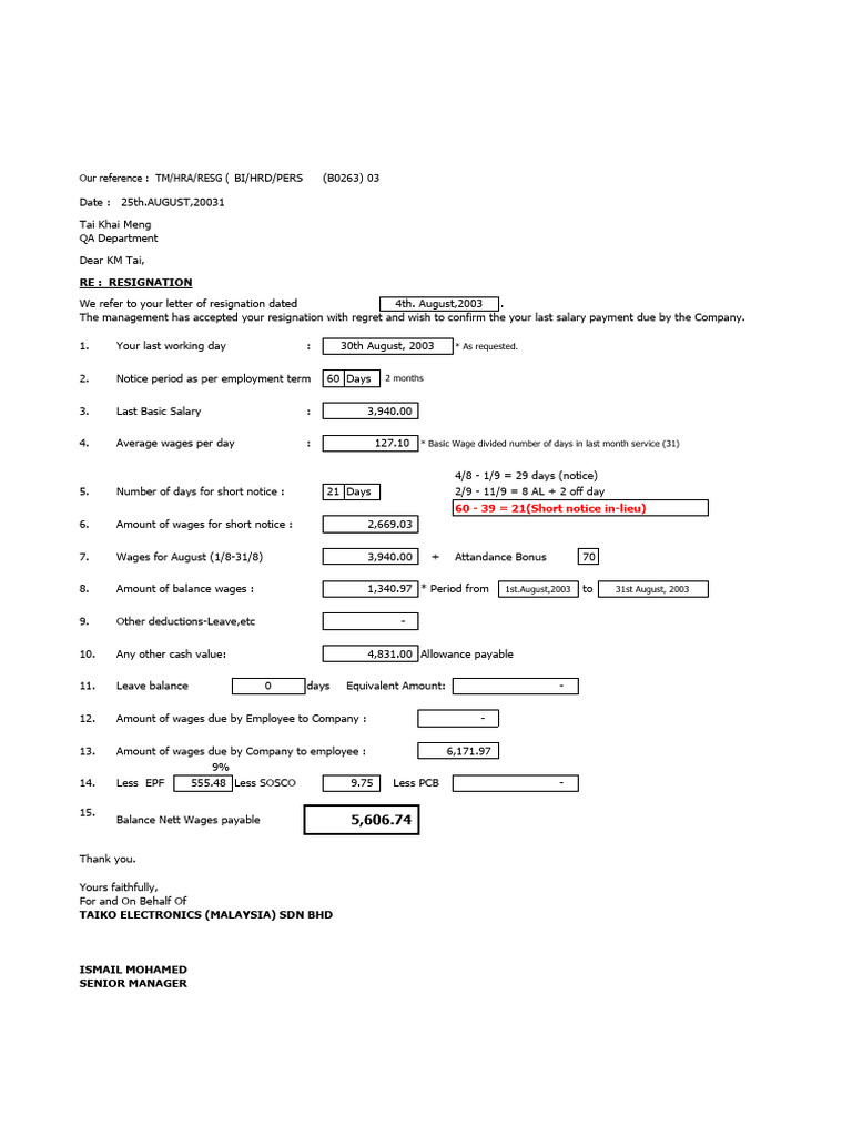 Resignation Acceptance and Final Salary Details | PDF