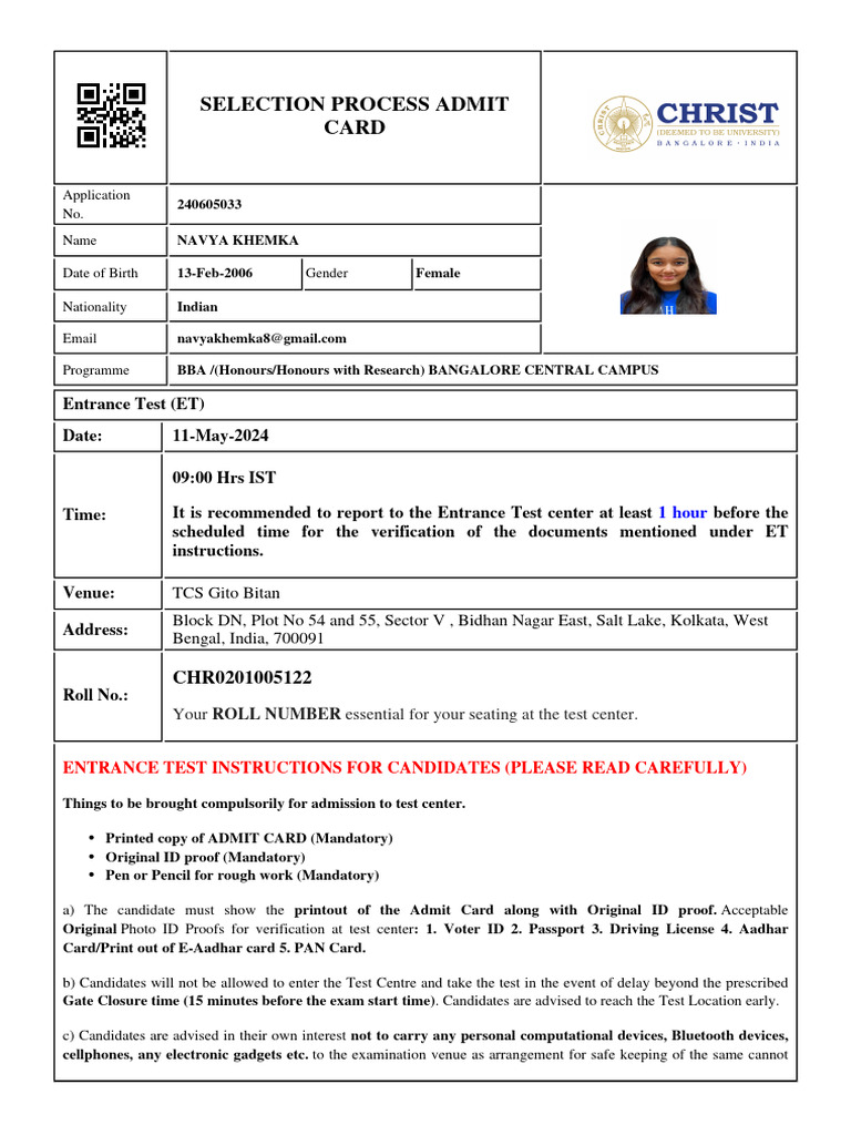 Admit Card for BBA Entrance Test | PDF | Government