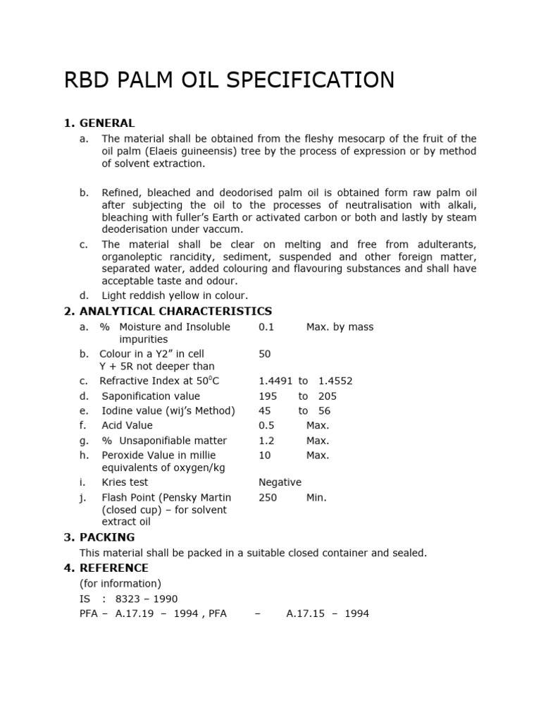 RBD Palm Oil Specification Details | PDF