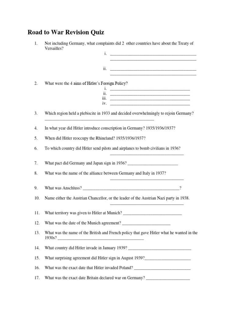 WWII Prelude Quiz | PDF | Adolf Hitler | Global Politics