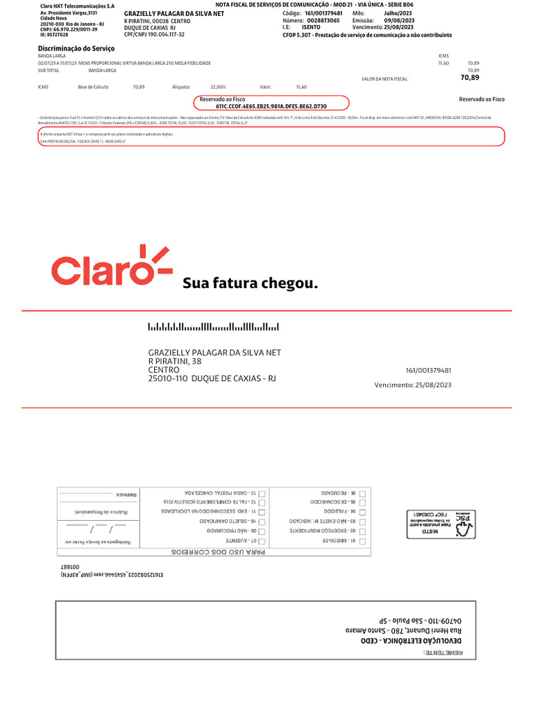 Nota Fiscal de Serviços Claro NXT | PDF | Bancos | Serviços financeiros