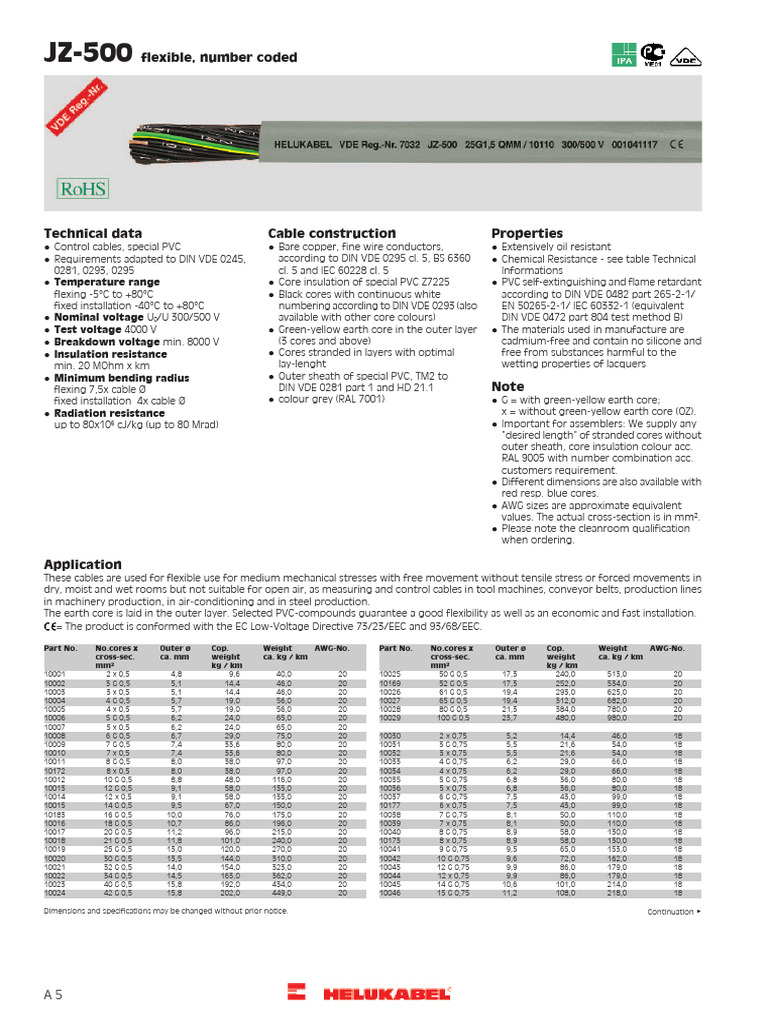 JZ-500 Helukabel Technical Specifications | PDF | Electricity