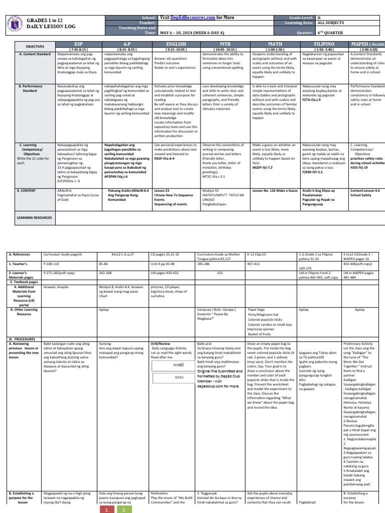 Daily Lesson Log for Grade 2 (May 2024) | PDF | Cognition