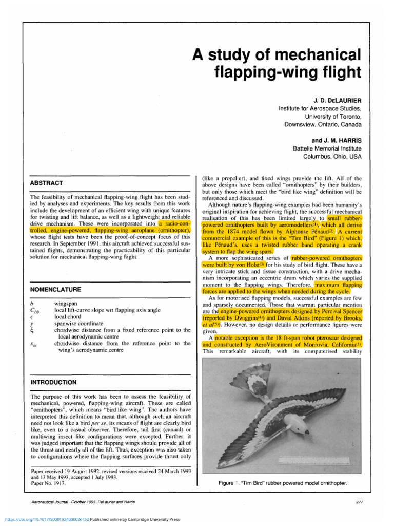1 Delaurier A Study of Mechanical Flapping Wing Flight | PDF ...