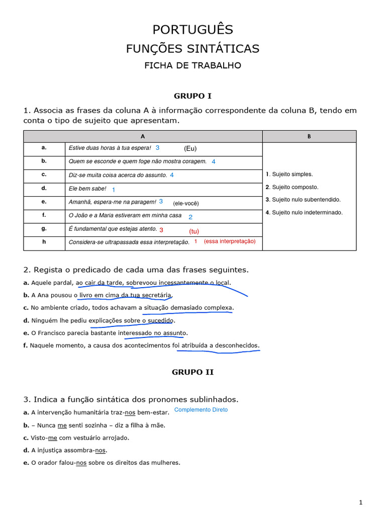 Português - Funções Sintáticas (Ficha de Trabalho) | PDF | Assunto ...