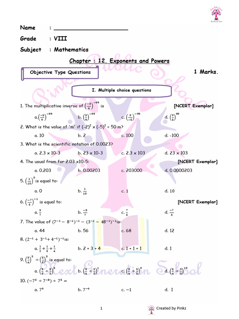 Mathematics Grade VIII: Exponents & Powers Quiz | PDF | Exponentiation ...