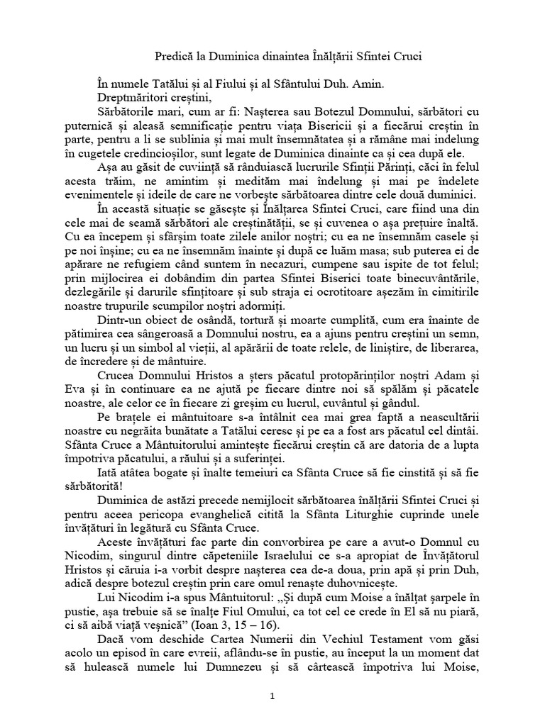 2022 - Predica La Duminica Dinaintea Inaltarii Sfintei Cruci | PDF