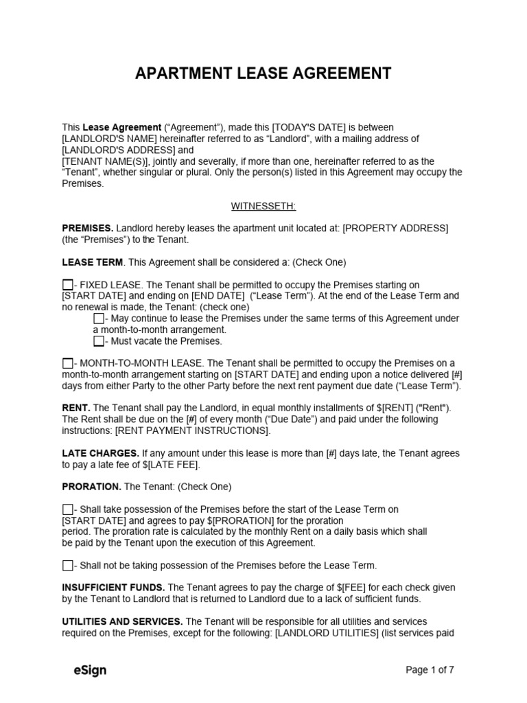 Apartment Lease Agreement Template PDF Leasehold Estate Lease