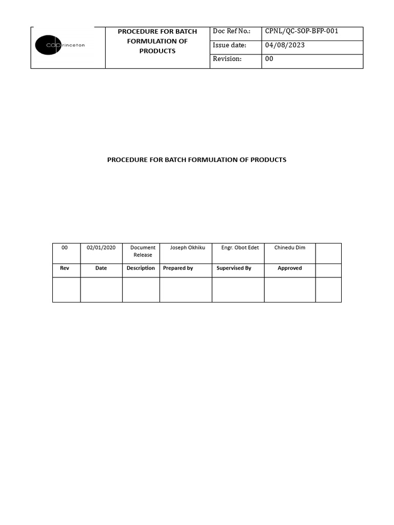 Batch Formulation Procedure Overview | PDF | Pharmaceutical Formulation ...