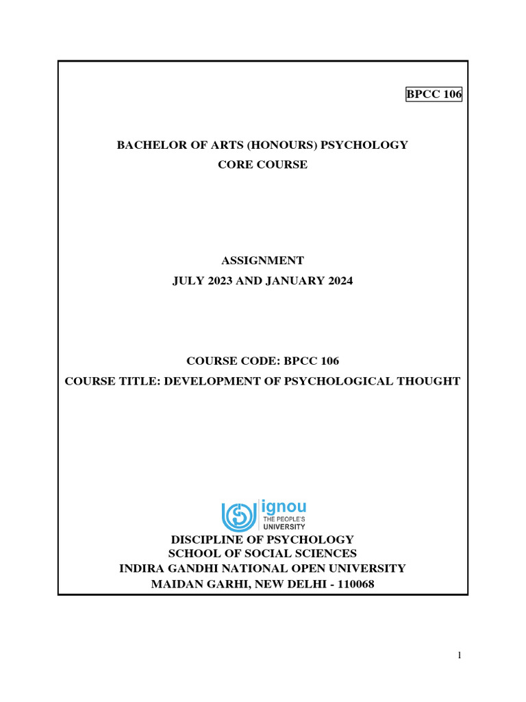 BPCC 106 Assignment Guidelines 2024 | PDF | Psychology | Essays