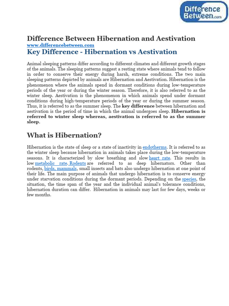 Difference Between Hibernation and Aestivation | PDF | Zoology | Organisms