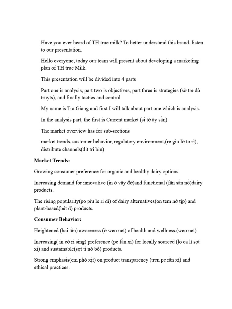 Marketing Plan for TH True Milk | PDF | Brand | Dairy