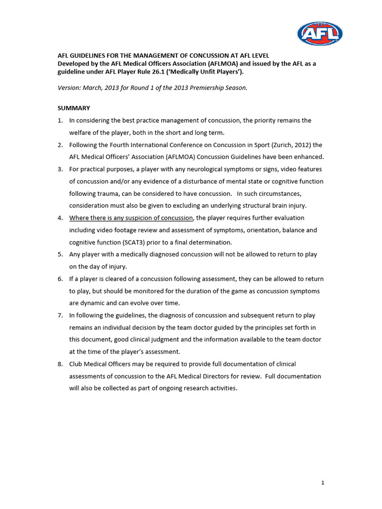 AFL Concussion Management Guidelines 2013 | PDF | Concussion ...