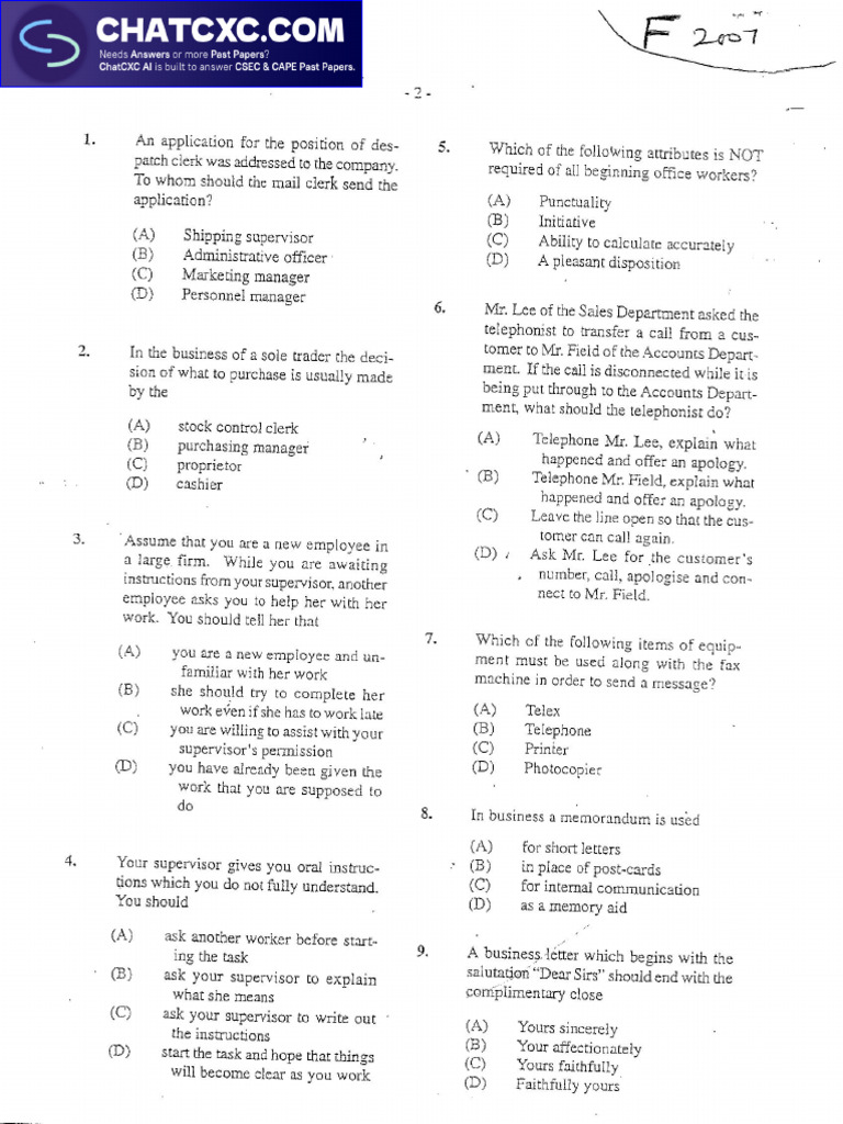 CSEC Office Administration P1 2001 | PDF