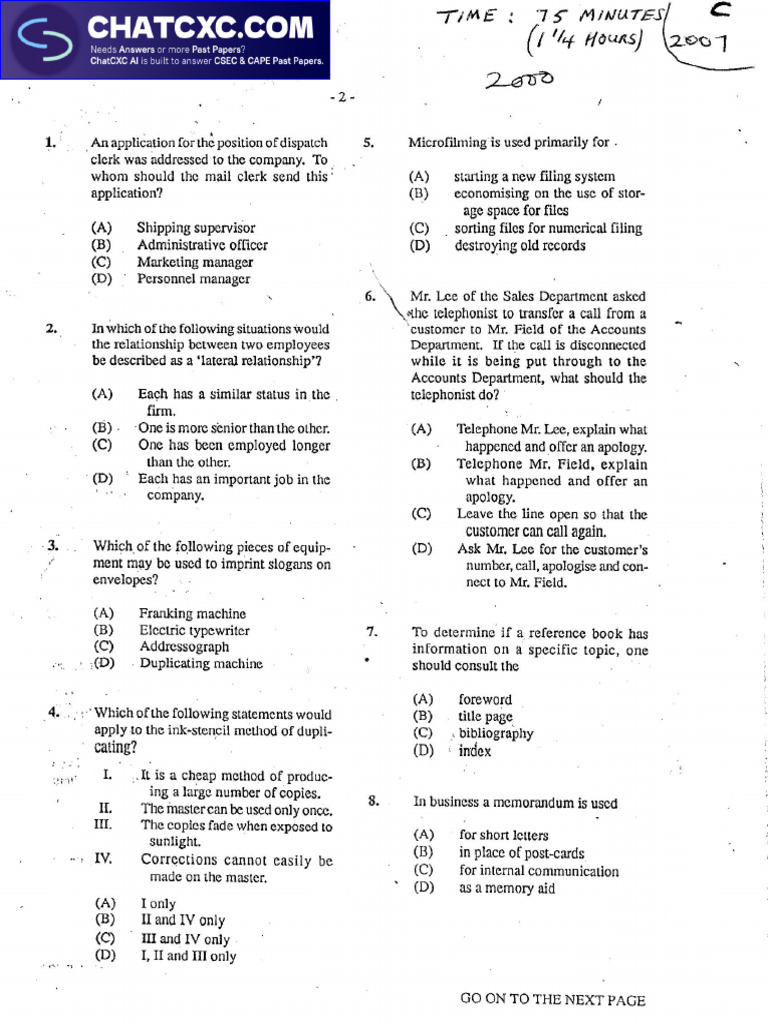 CSEC Office Administration P1 2000 | PDF
