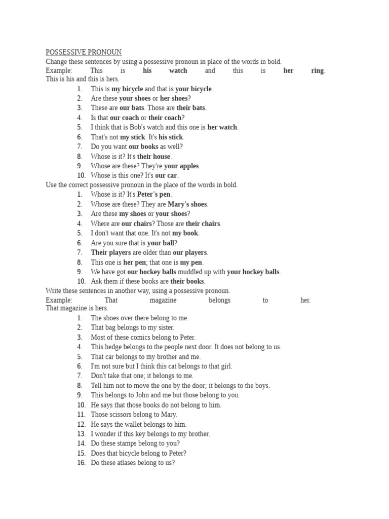 Mastering Possessive Pronouns: Exercises | PDF | Pronoun