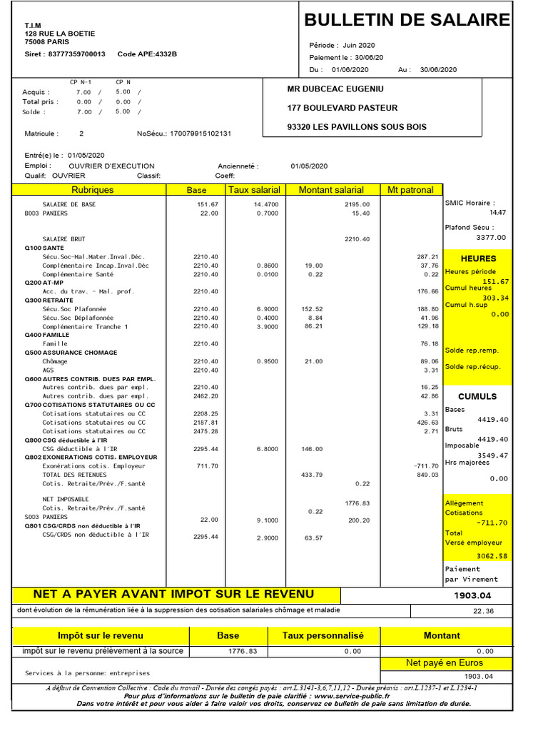 Bulletin de salaire de juin 2020 | PDF | Impôt sur le revenu | Bulletin ...