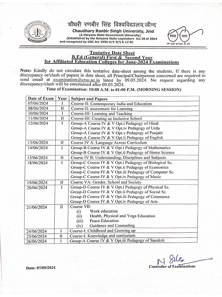 Tentative Date Sheet B.Ed. I & II June 2024 PDF