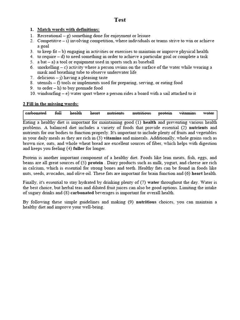 Vocabulary and Health Quiz Guide | PDF | Foods | Drink