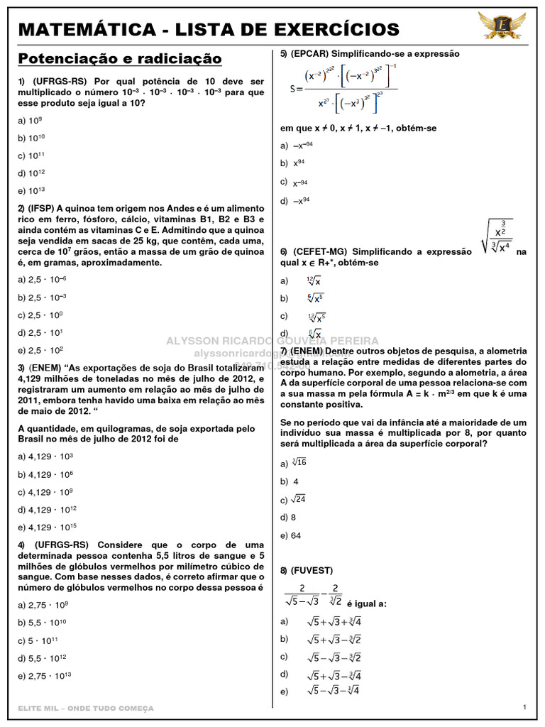 Exercícios Complementares - Potenciação e Radiciação OK | PDF