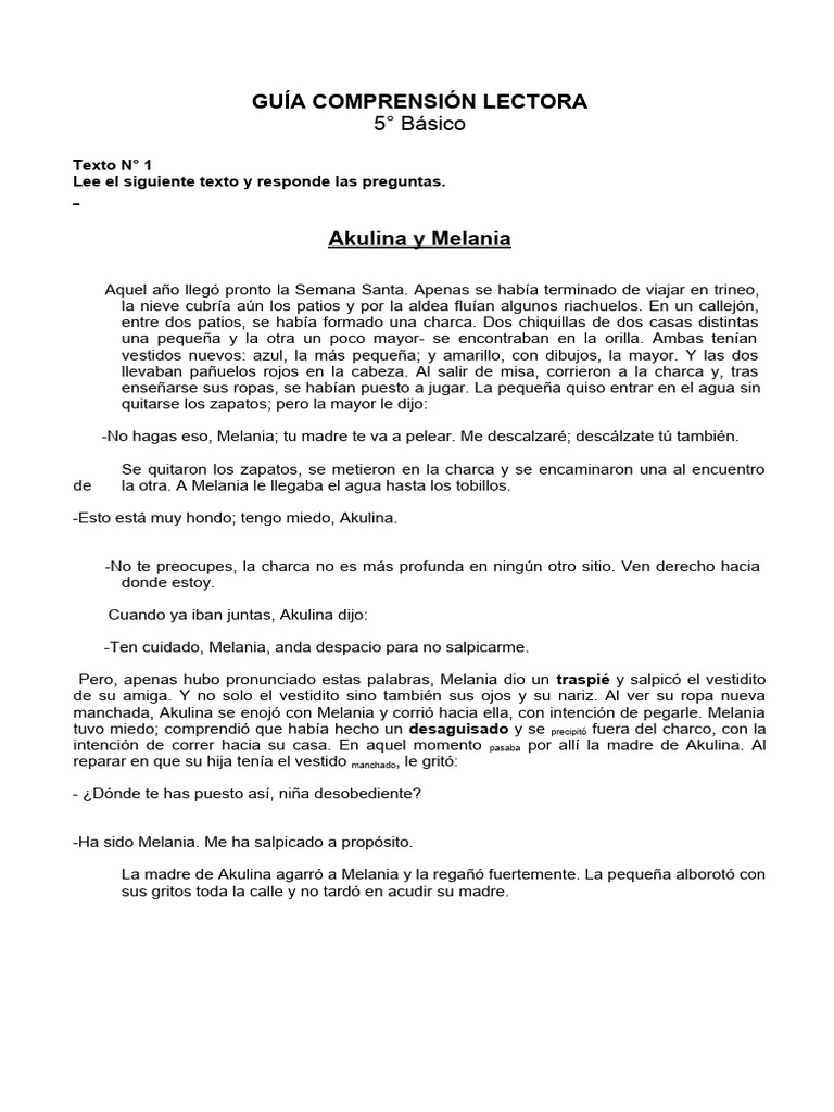 Guía Comprensión Lectora 5° Básico | PDF