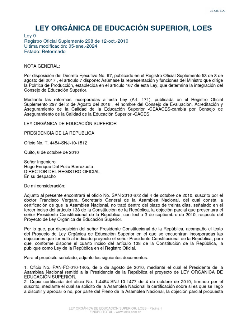 Ley Orgánica de Educación Superior 2024 | PDF | Educación más alta ...