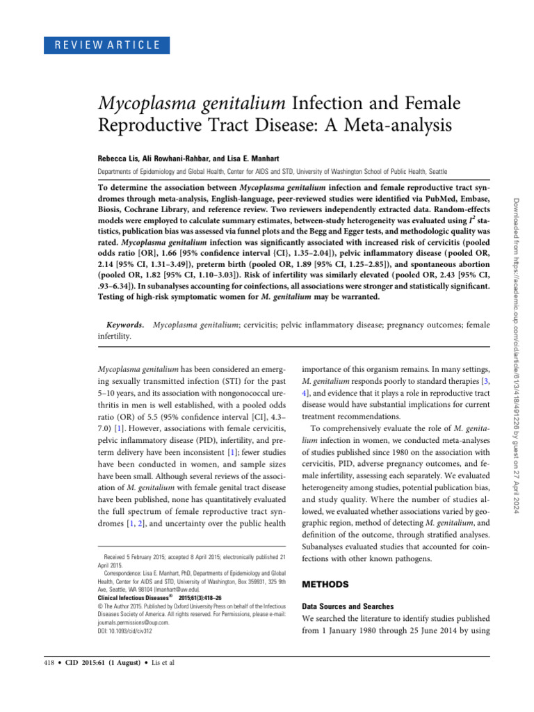 Mycoplasma genitalium Infection and Female | PDF | Sexually Transmitted ...