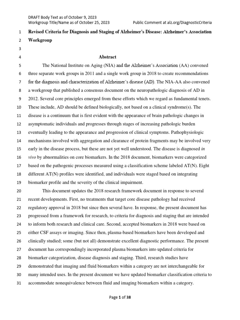 Clinical criteria for staging and diagnosis for public comment draft 2